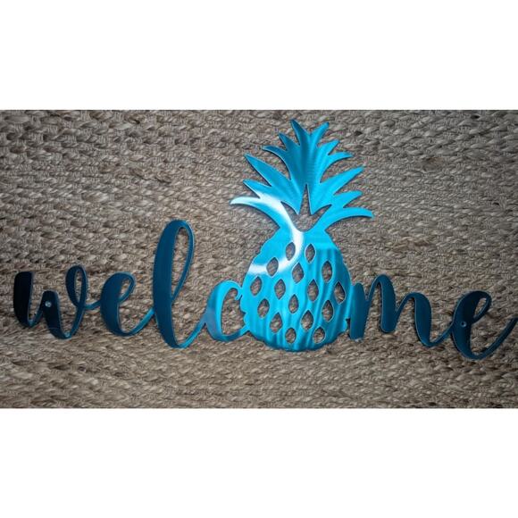 Metal Cut-Out Blue Metallic Welcome Pineapple, Summer Wall Porch Sign Home 33" - Picture 1 of 10